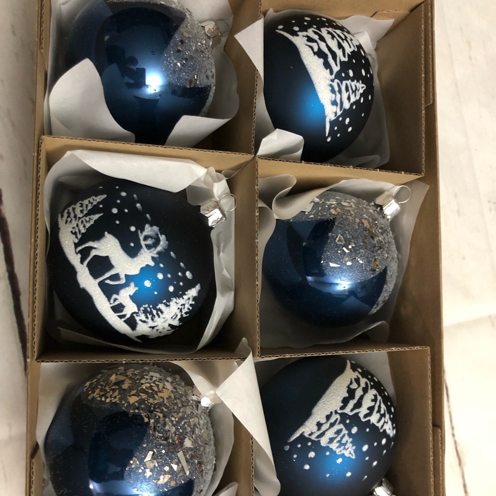 6 Vitbis Christmas Glass Ornaments Blue And White Glitter Handmade Poland
